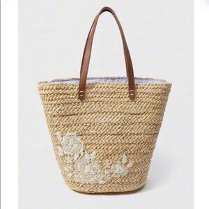 Abercrombie and Fitch Woven Straw Tote Bag Embroidered Floral Design boho beach